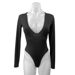 Adika Women's Black Rib Knit Plunge V-neck Long Sleeve Sweater Bodysuit Top Sz S